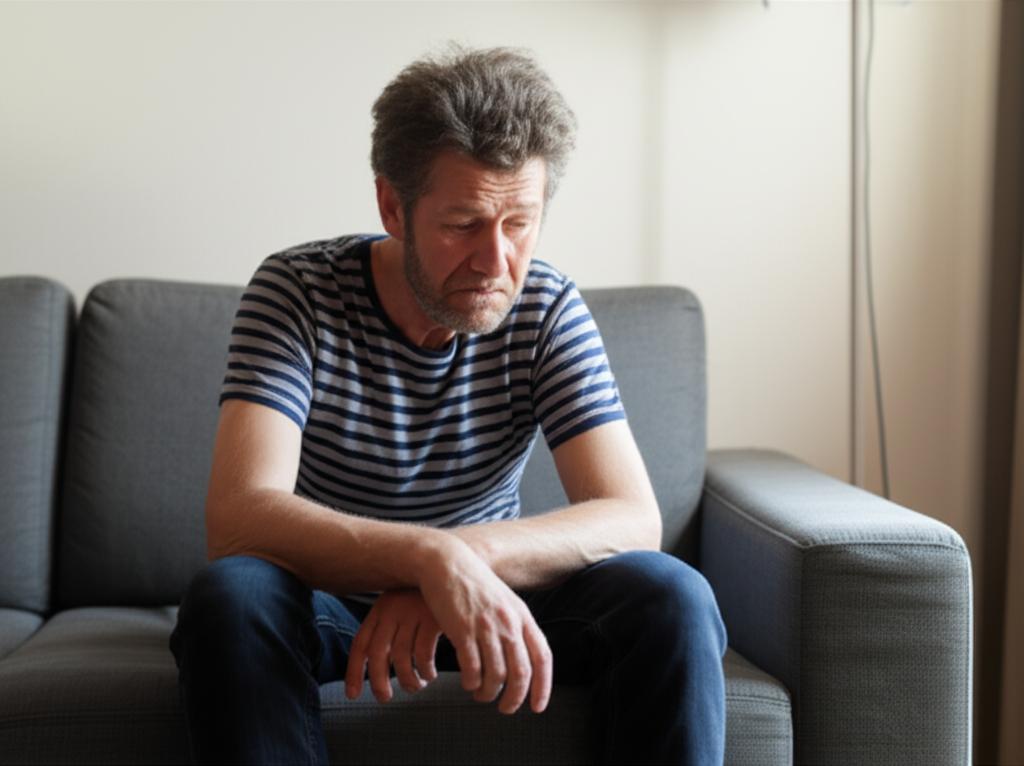 Man looking tired and stressed, sitting on a sofa at home, feeling weak