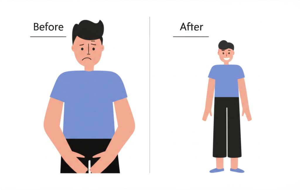 Before and after comparison of a man, showing him tired and worried before, and energetic and happy after