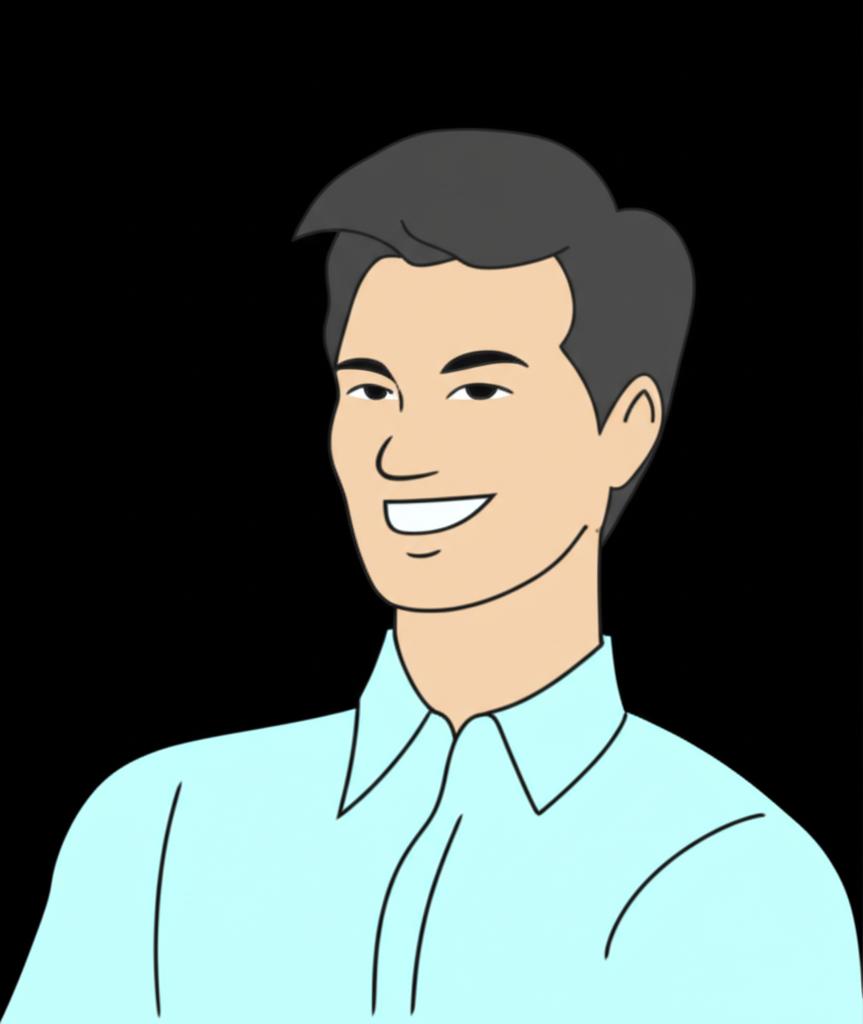 energetic asian male office worker smiling and confident, feeling healthy, illustration
