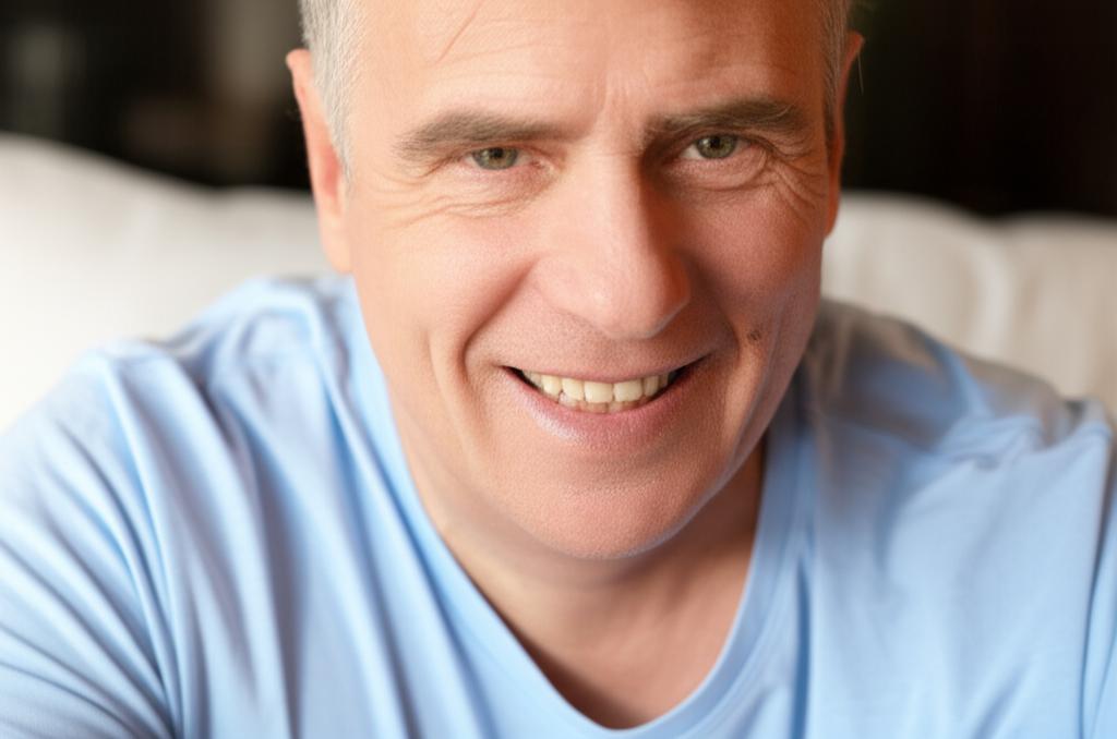 middle-aged man smiling and looking energetic after getting good sleep