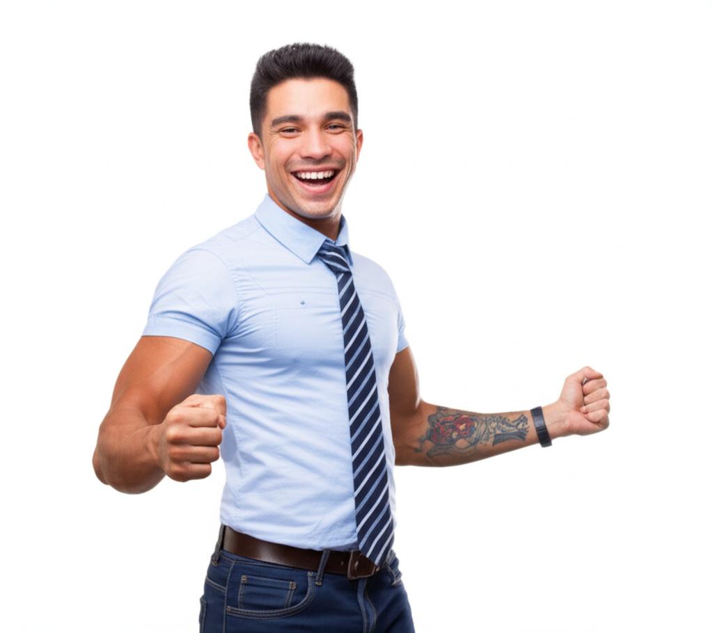 A man smiling, looking energetic and confident