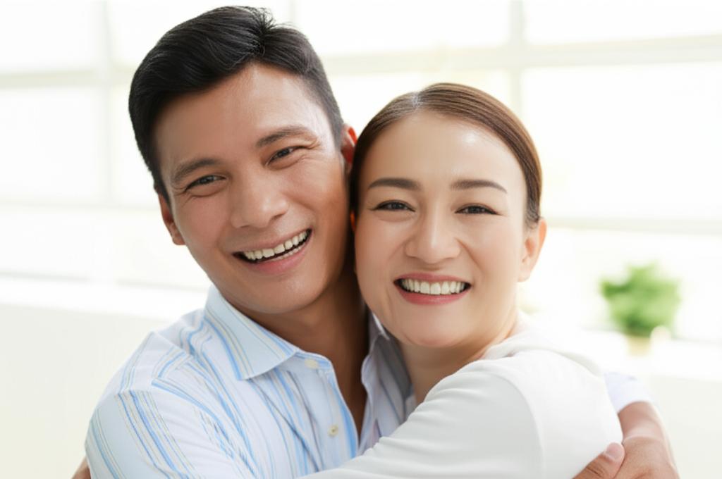 thai man looking energetic and happy, hugging his wife, smiling, bright atmosphere, realistic photo
