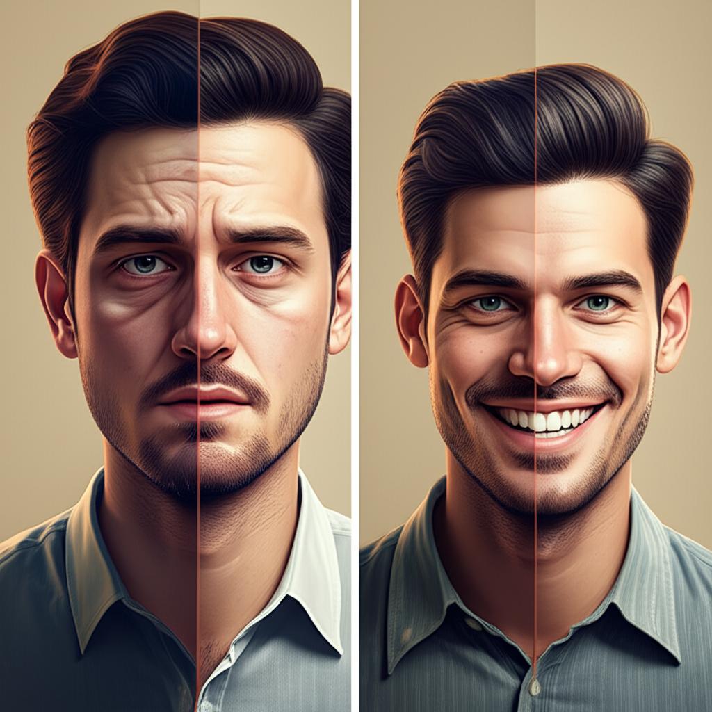Split image showing a man looking tired and stressed on one side, and the same man looking energetic and happy on the other side. Before and after concept. Realistic digital art.
