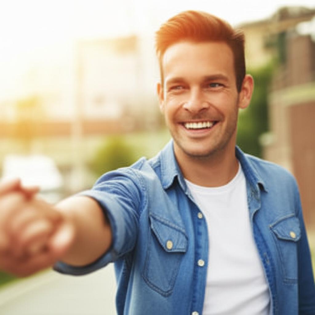 Man smiling confidently, looking energetic, perhaps holding hands with a partner, bright and positive atmosphere, realistic style