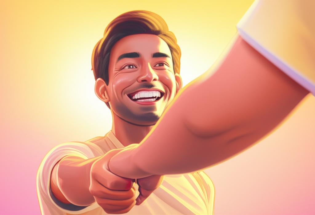 A man smiling confidently, holding hands with his partner, looking happy and energetic. Bright, warm colors. AI generated.