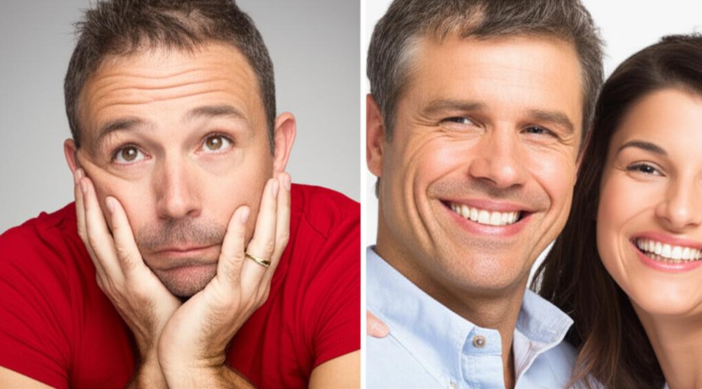 Split image: Left side shows a middle-aged man looking tired and frustrated. Right side shows the same man smiling confidently, perhaps with his arm around a happy woman (subtle, not explicit sexual imagery).