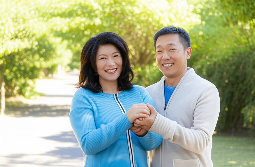 Happy middle-aged Asian couple smiling and holding hands in a park