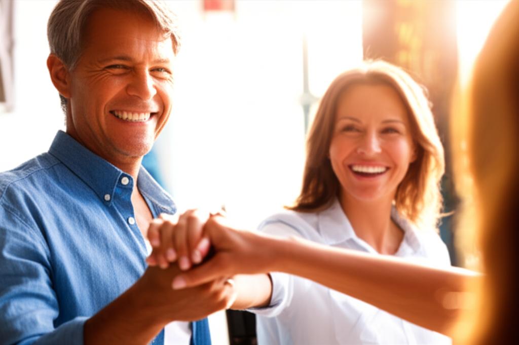Middle-aged man smiling confidently, holding hands with his happy partner, bright and warm lighting, realistic photo