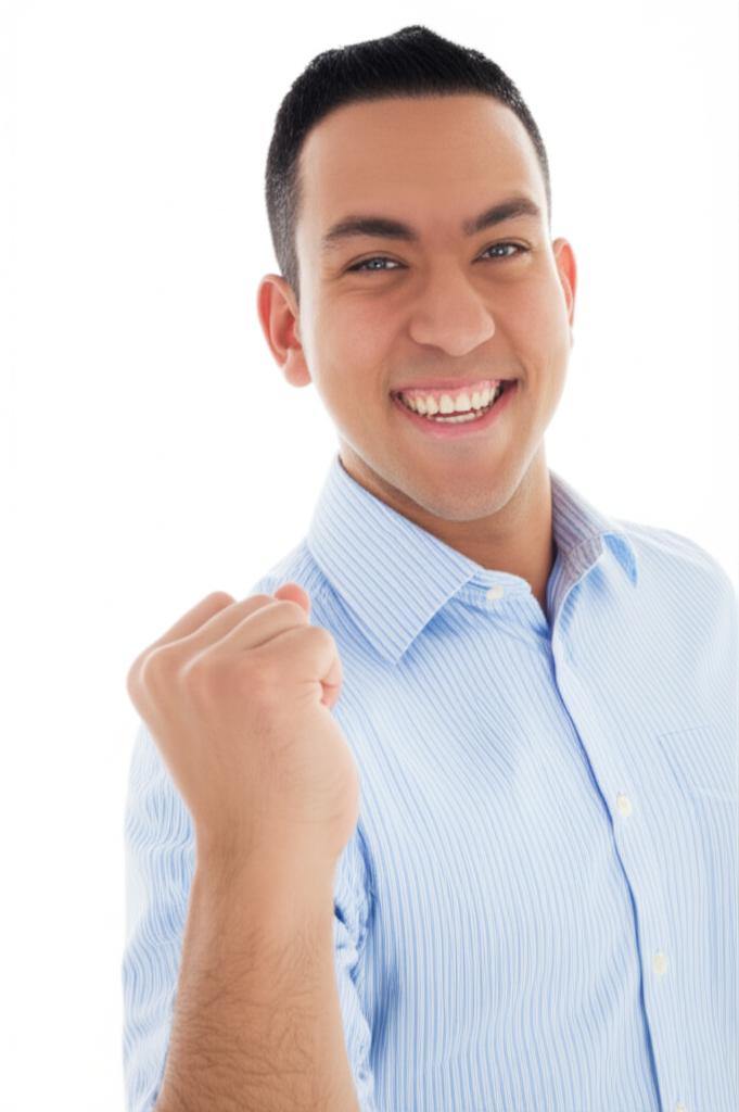 Man looking happy and energetic, smiling with confidence