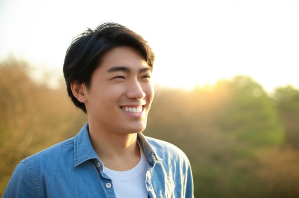 A smiling Asian man looking energetic and refreshed in the morning sun, contrasting with the previous image.