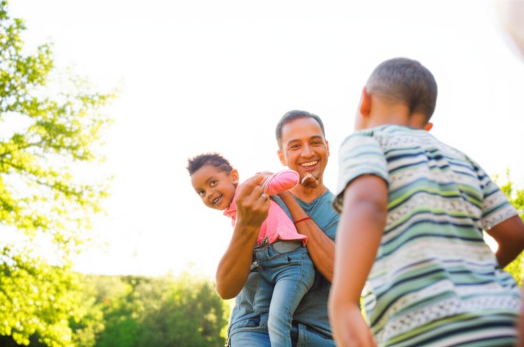 Energetic man playing with family outdoors
