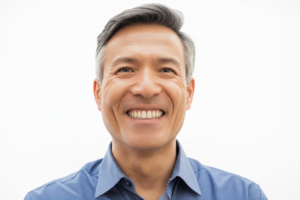 Middle-aged man smiling confidently, perhaps in a relaxed pose, suggesting improved well-being and vitality. Brighter lighting than the first image.