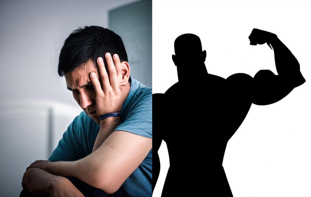 A man looking tired and stressed, contrasting with a silhouette of a man feeling strong and confident, symbolizing the shift from temporary fixes to internal power.