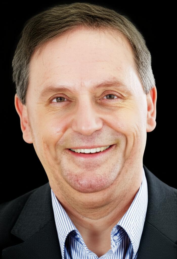 A middle-aged man looking confident and energetic, smiling